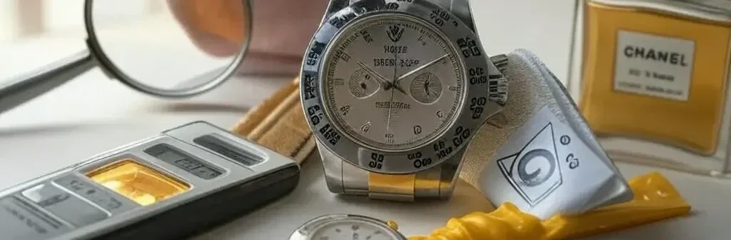 se muestra un reloj con varios productos para su cuidado