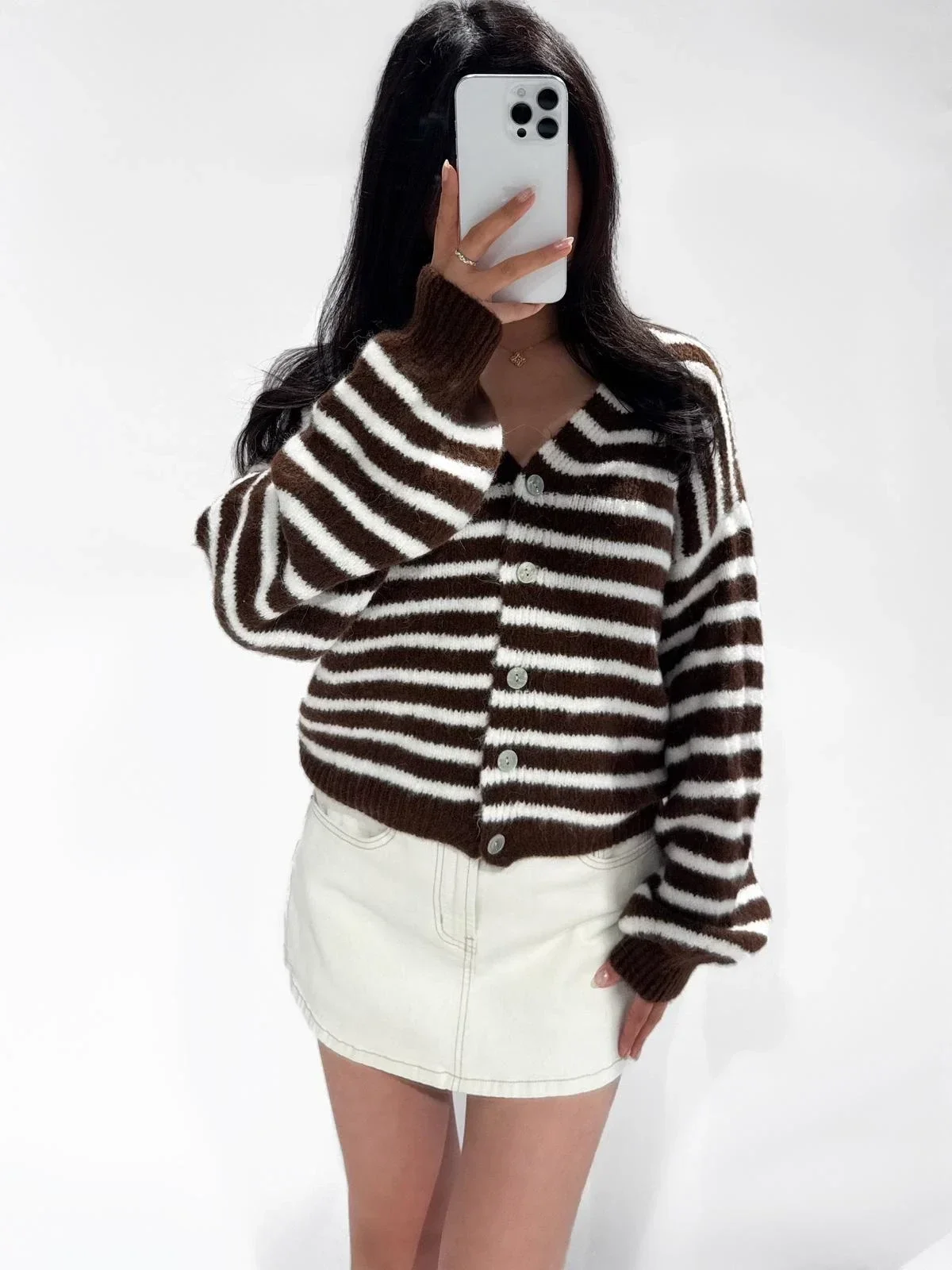 Kitty Stripe Cardigan Brown White