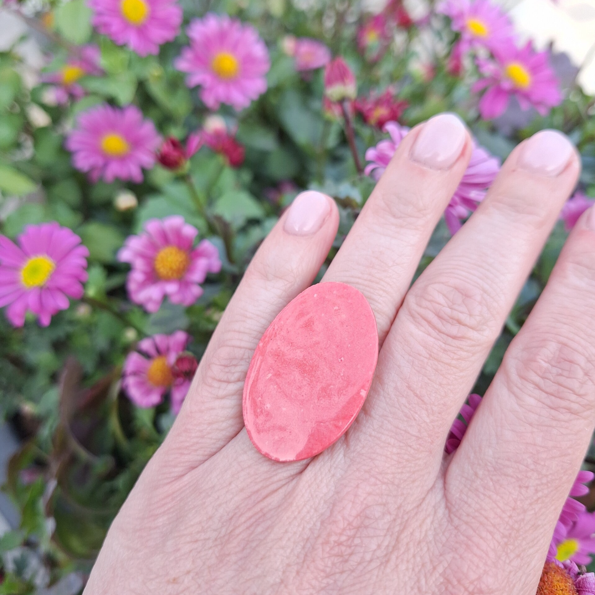 Ovaal roze porseleinparel - verstelbare ring - zilver (AG925)