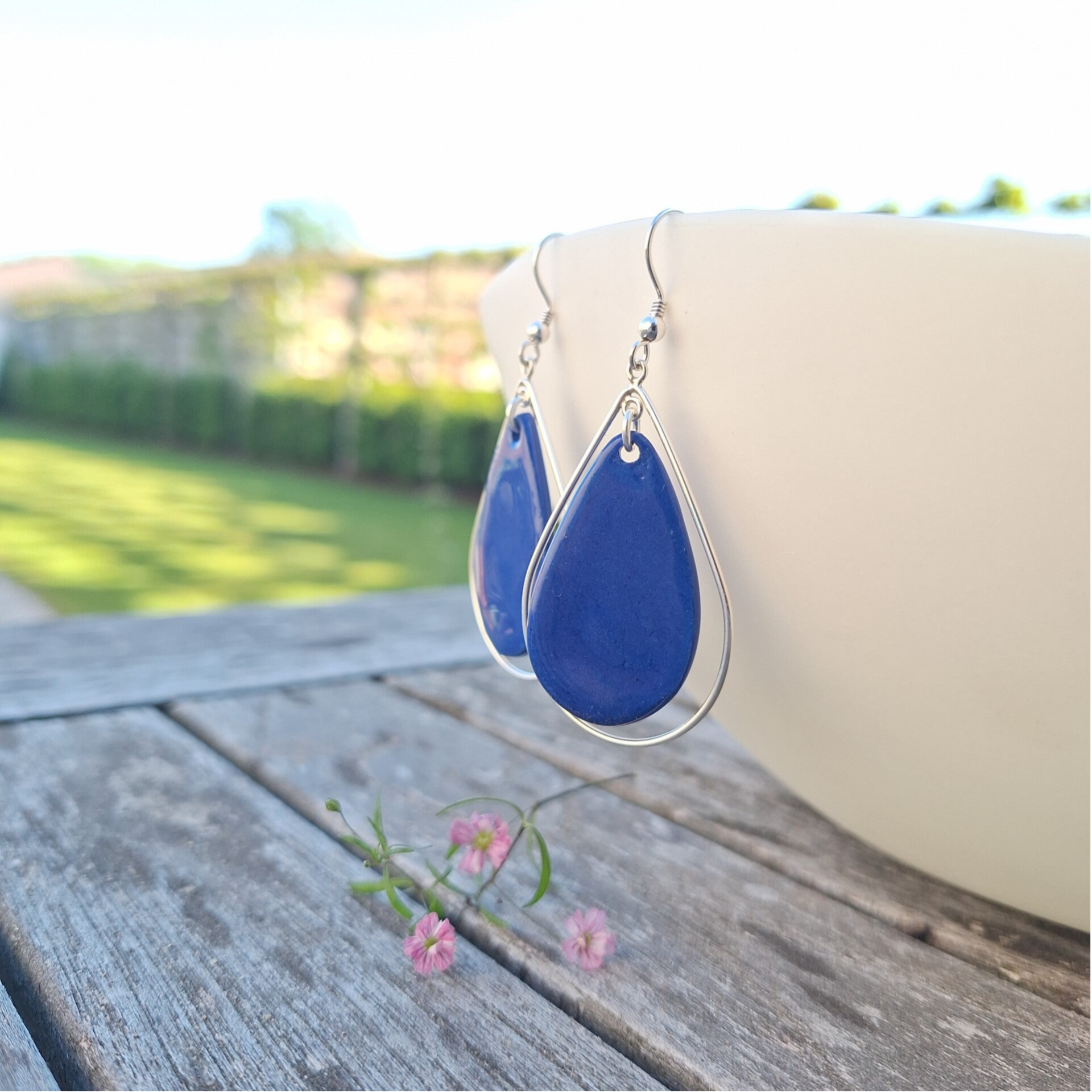 Indigo blauwe porselein druppel -  Sterling zilver (AG925) oorhanger