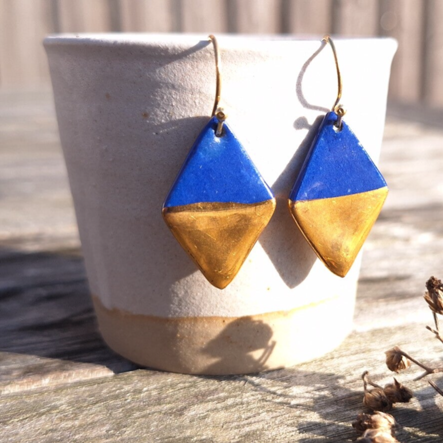 Blauw gouden ruitvormige porselein keramiek oorbellen - Verguld goud