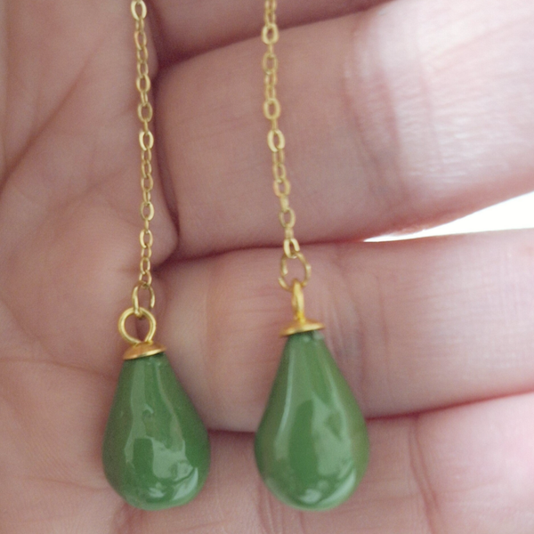 Groene druppel - vermeil gouden oorbelketting