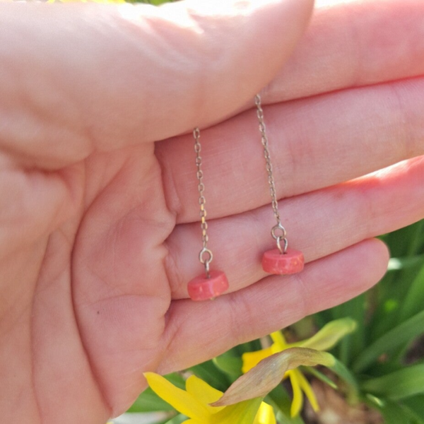 Roze schijfjes - RVS zilveren oorbelketting