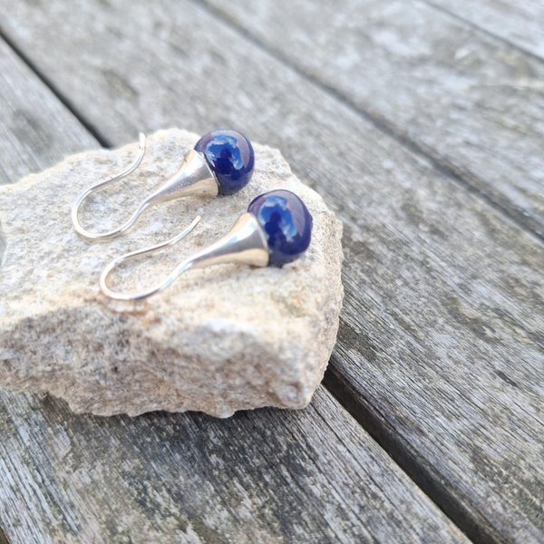 Kobalt blauwe porseleinparel - zilver (AG925) druppel