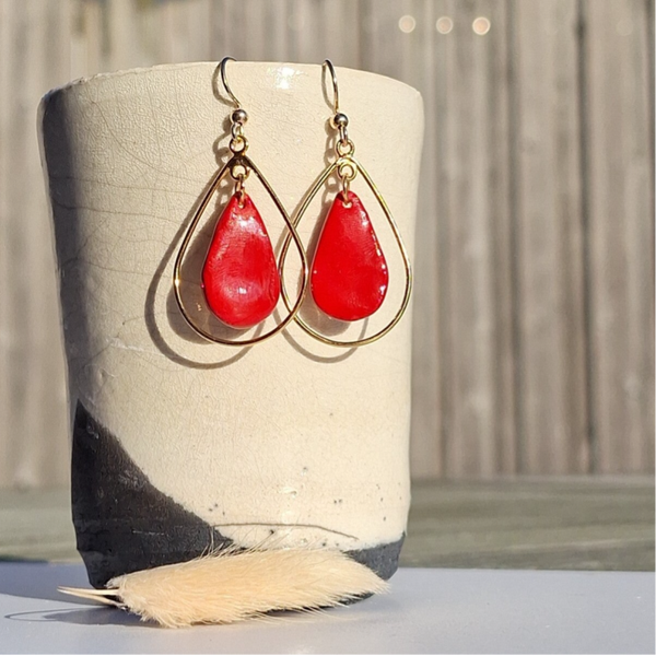 Rode gouden porselein oordruppels - RVS goud