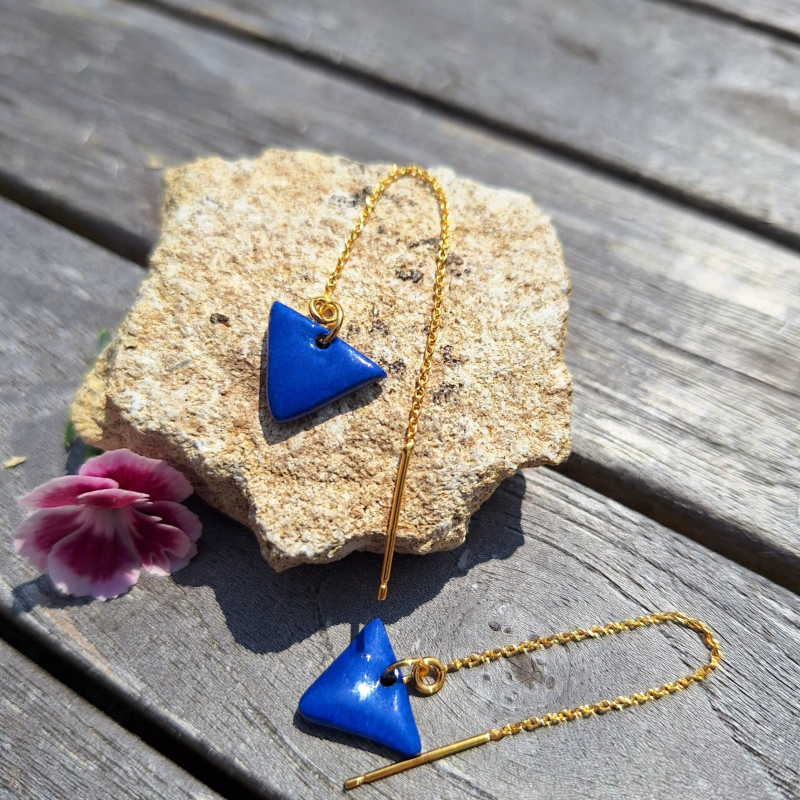 Blauw - vermeil gouden oorbelketting