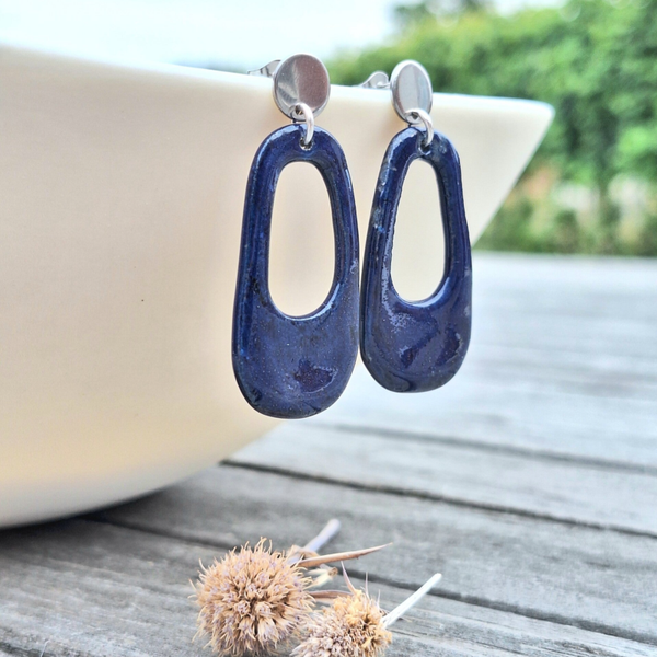 Blauw porseleinparel - RVS zilver oorsteker