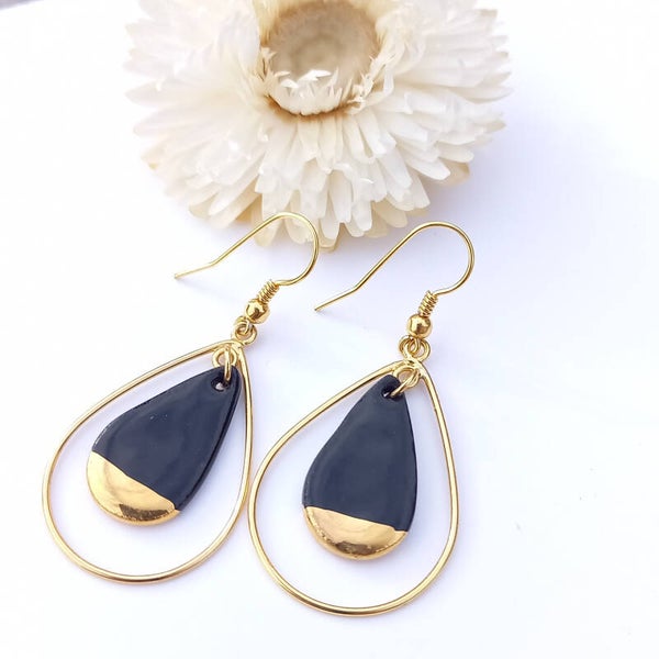 Zwart gouden porselein oordruppels - RVS goud