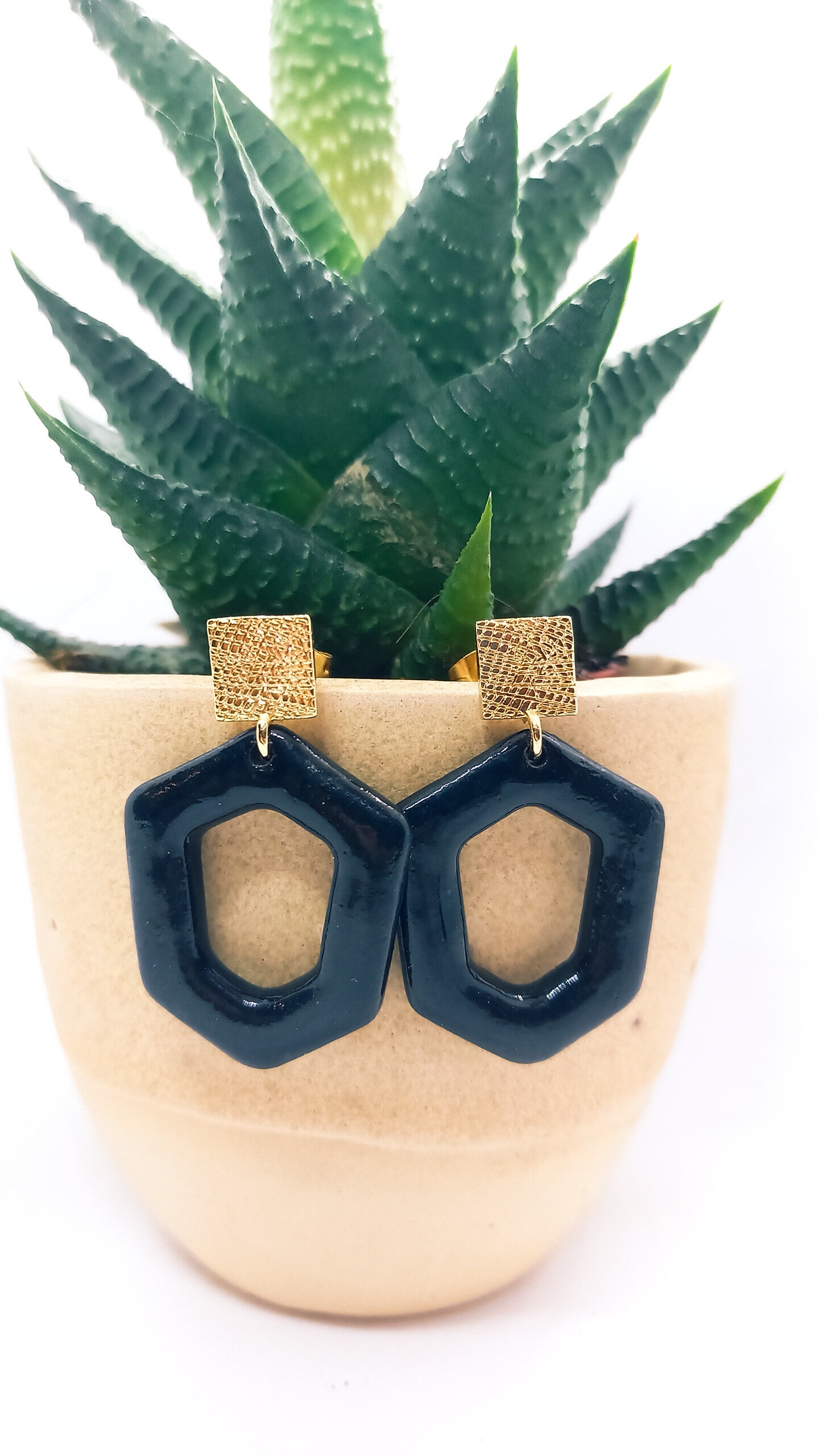 Zwarte zeshoekige gouden oorstekers - stainless steel