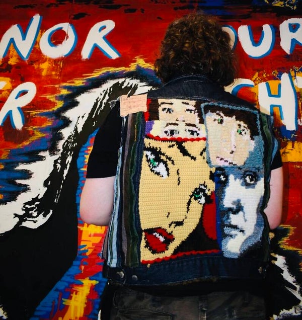 Crochet face’s embellished denim jacket.