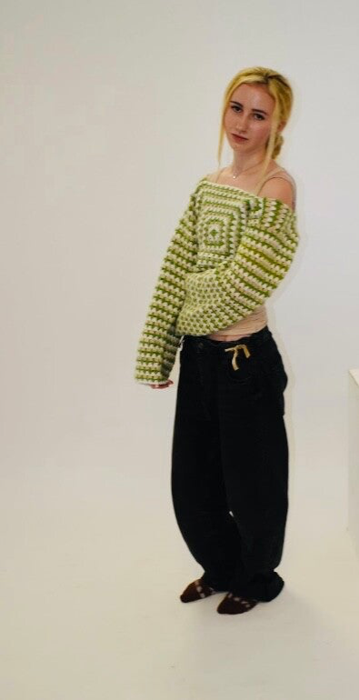 green, beige and white granny-square jumper