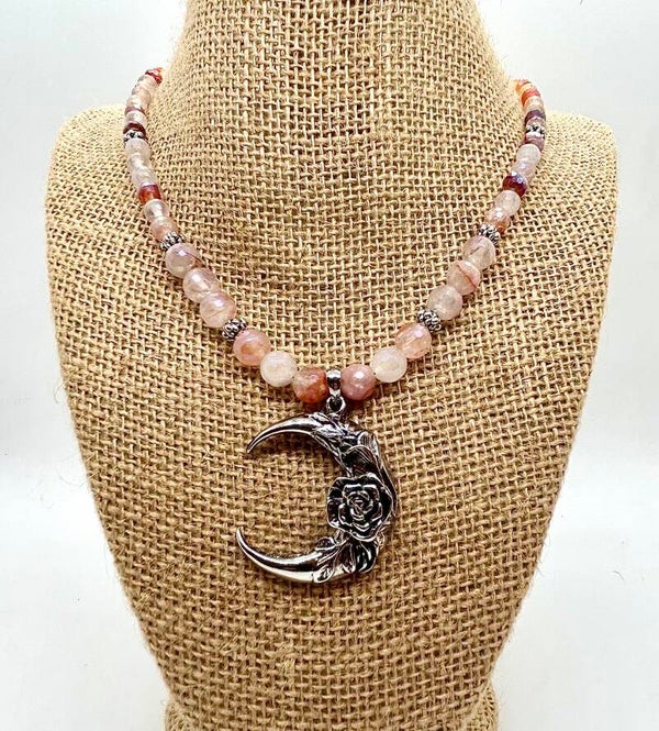 Rose Moon Pendant w/Red Flower Crystal beads