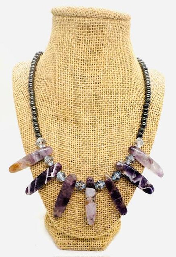 Amethyst Stone Spike Necklace w/hematite
