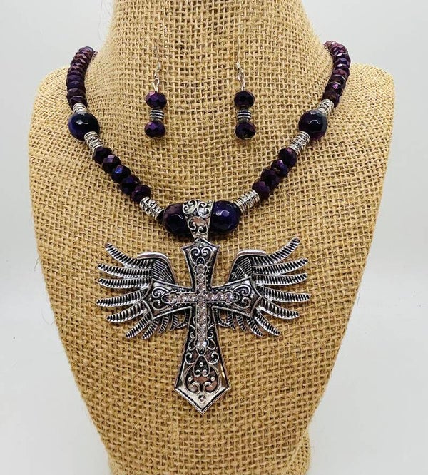Plum Winged Cross w/matching earrings