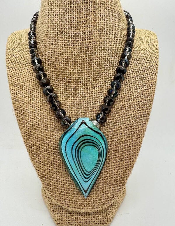 Aqua & Plum Murano Glass Leaf Pendant Necklace