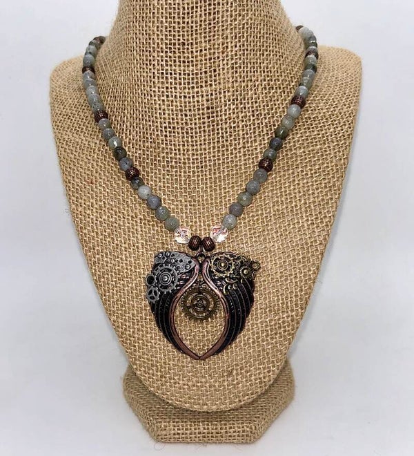 Steampunk heart/wings pendant Necklace w/Moonstone