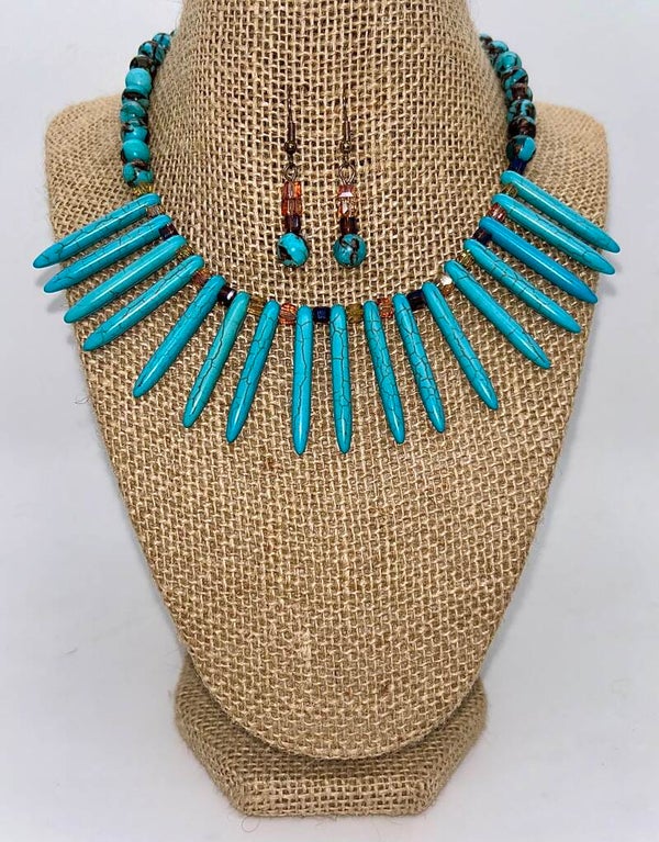 Turquoise spiked necklace with siderolite round beads w/earrings
