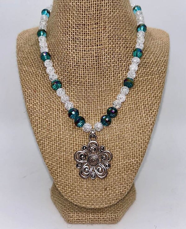 Flower Pendant with white crackle beads