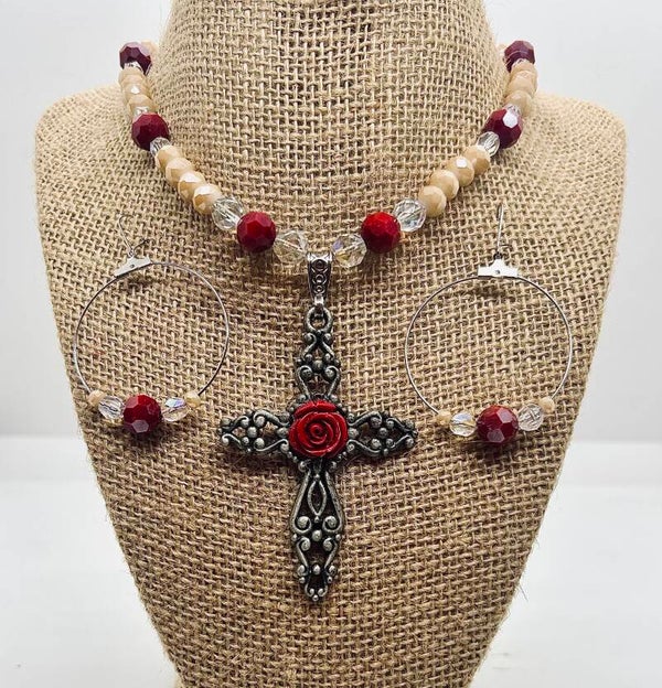Rose Cross/Champagne crystal Pendant Necklace w/Matching Earrings