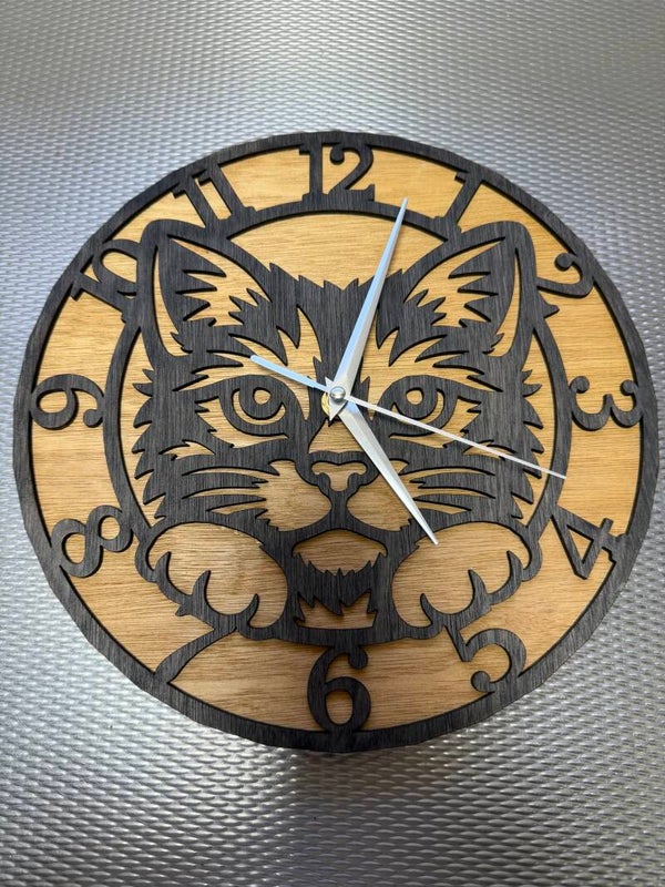 Houten wandklok met poes - Stil uurwerk