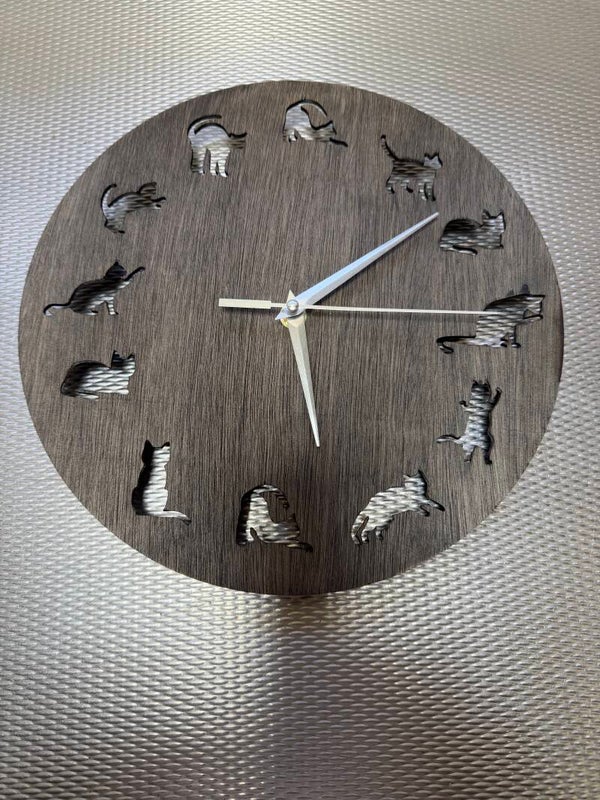 Houten Wandklok met Katten, Stil Uurwerk, Ø 28cm