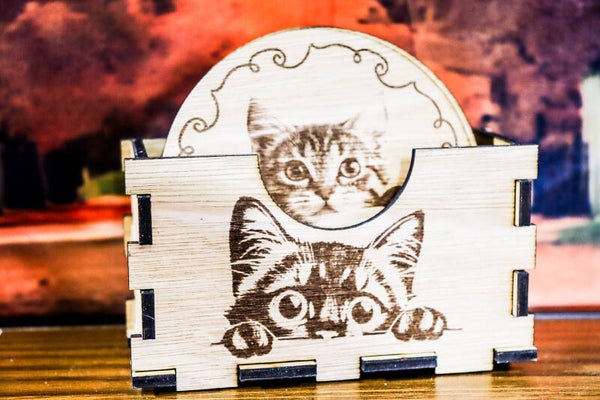 6 houten poezen onderzetters in doosje