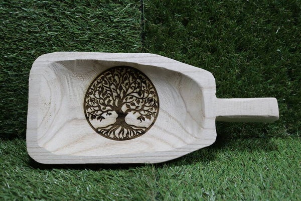 houten (serveer) schaal met handvat en eigen lasergravering