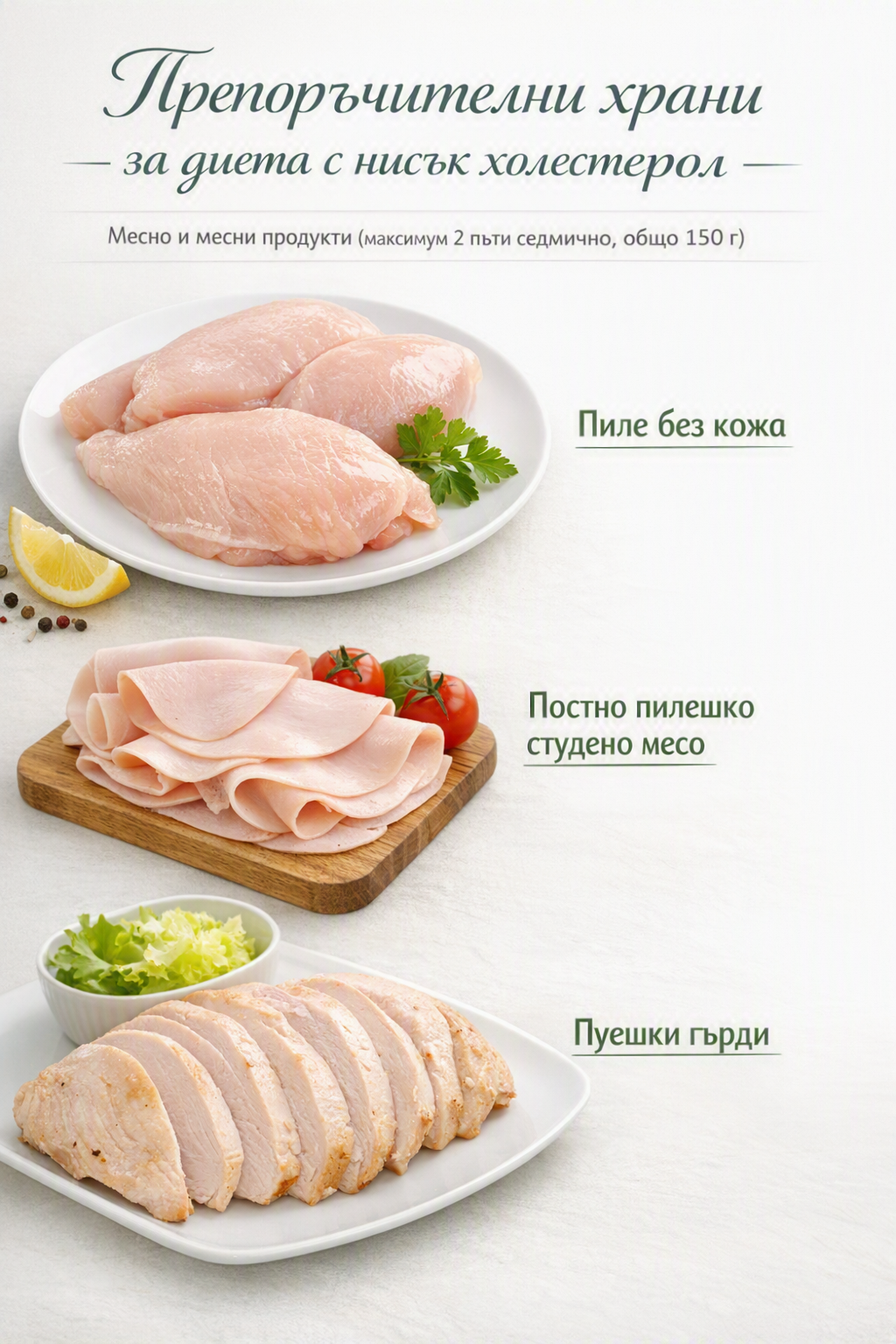  Препоръчителни храни за диета с нисък холестерол Месно и месни продукти 