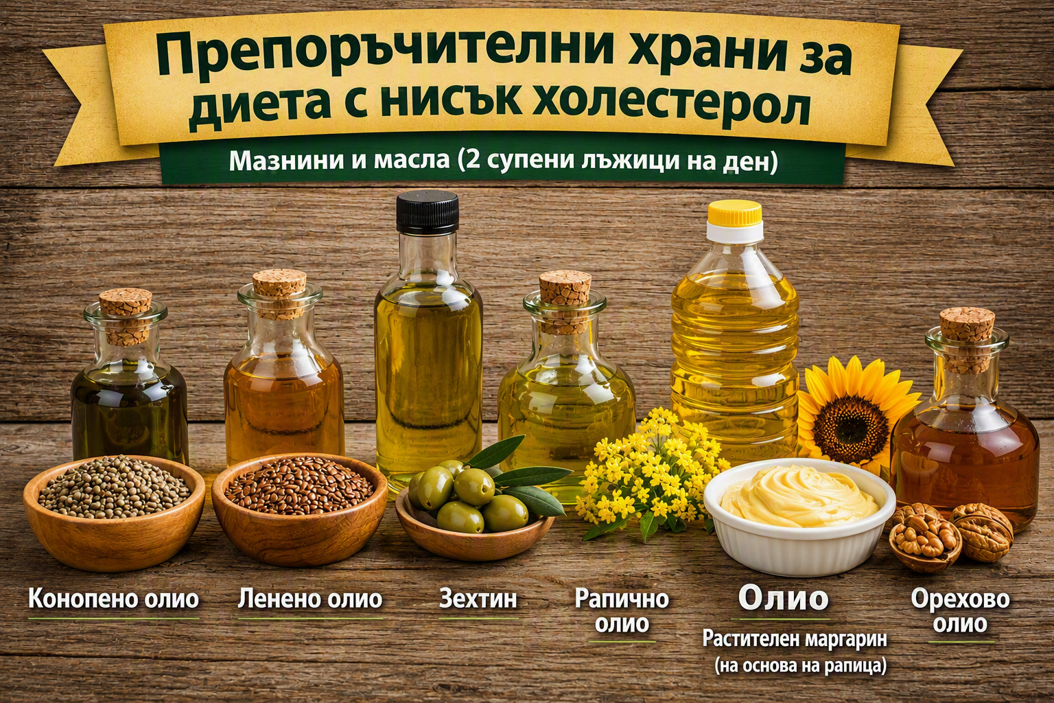 Препоръчителни храни за диета с нисък холестерол“ „Мазнини и масла 