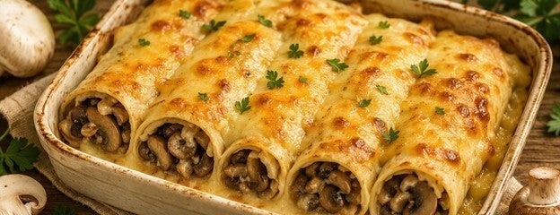 Палачинки с гъби и кашкавалена заливка