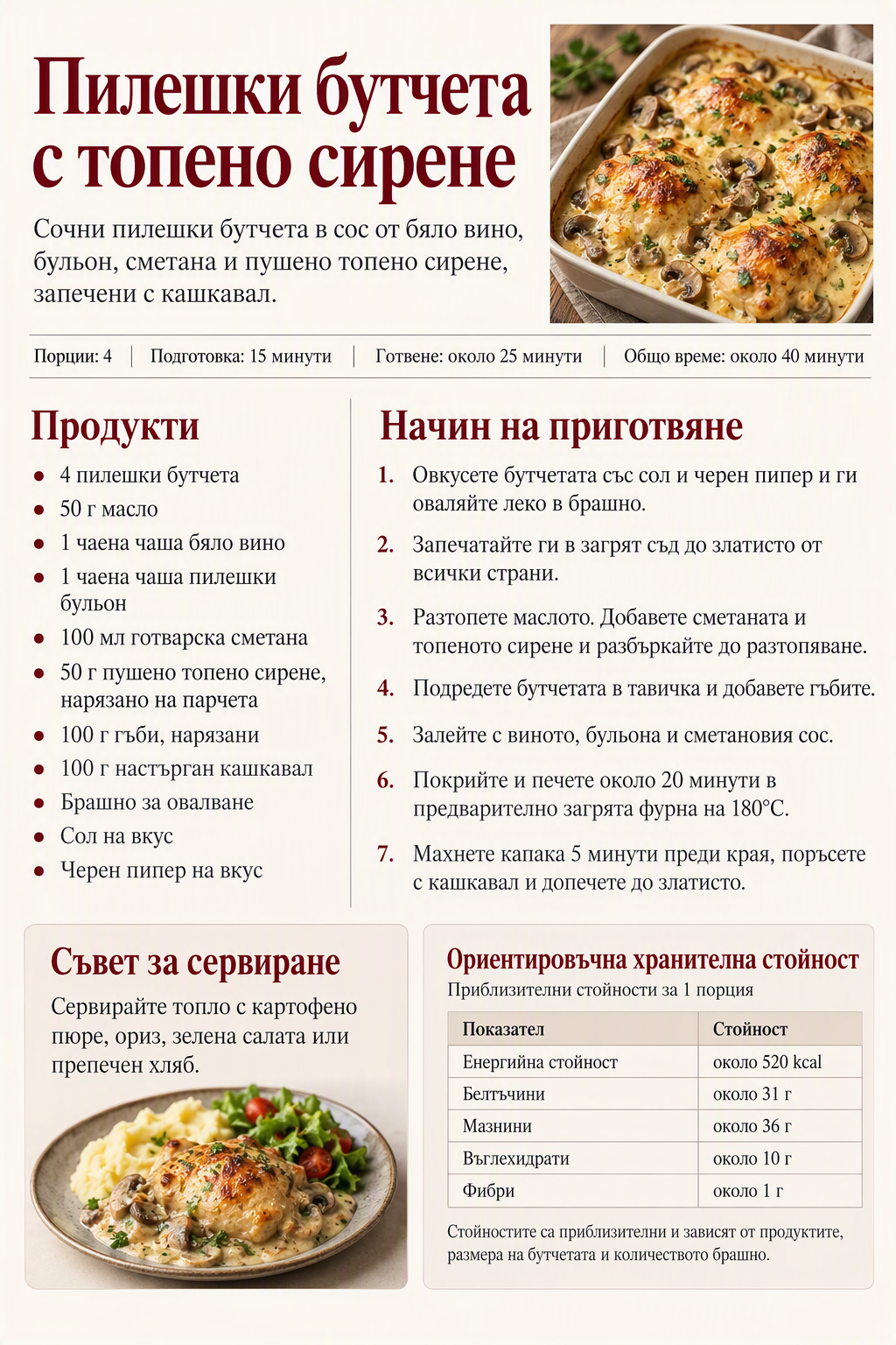 Пилешки бутчета с топено сирене