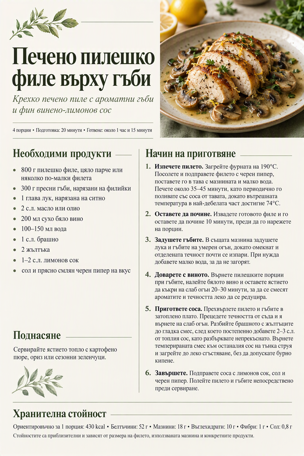 Печено пилешко филе върху гъби 