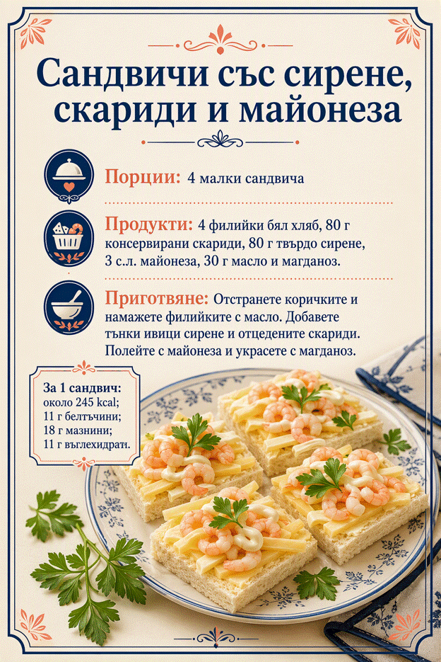 Сандвичи със сирене, скариди и майонеза