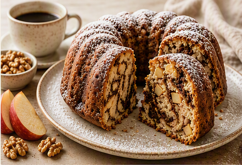 Бърз кекс с ябълка, орехи и какао