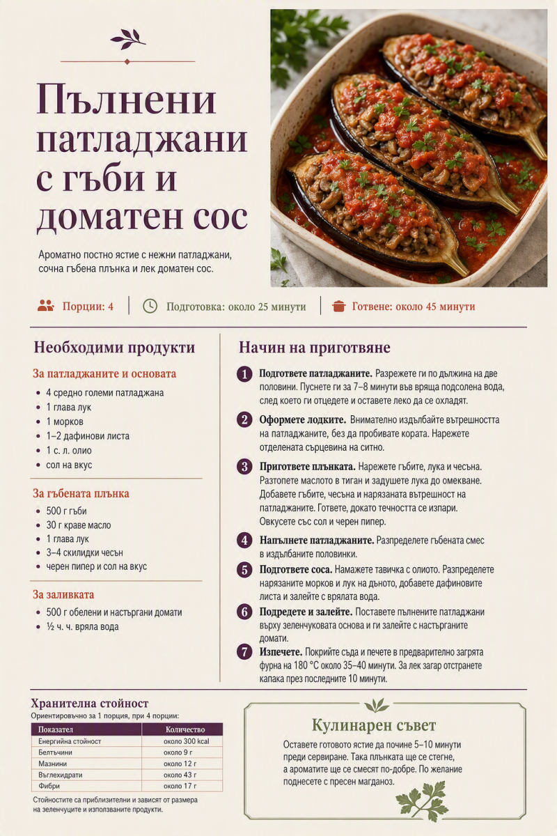 Пълнени патладжани с гъби и доматен сос