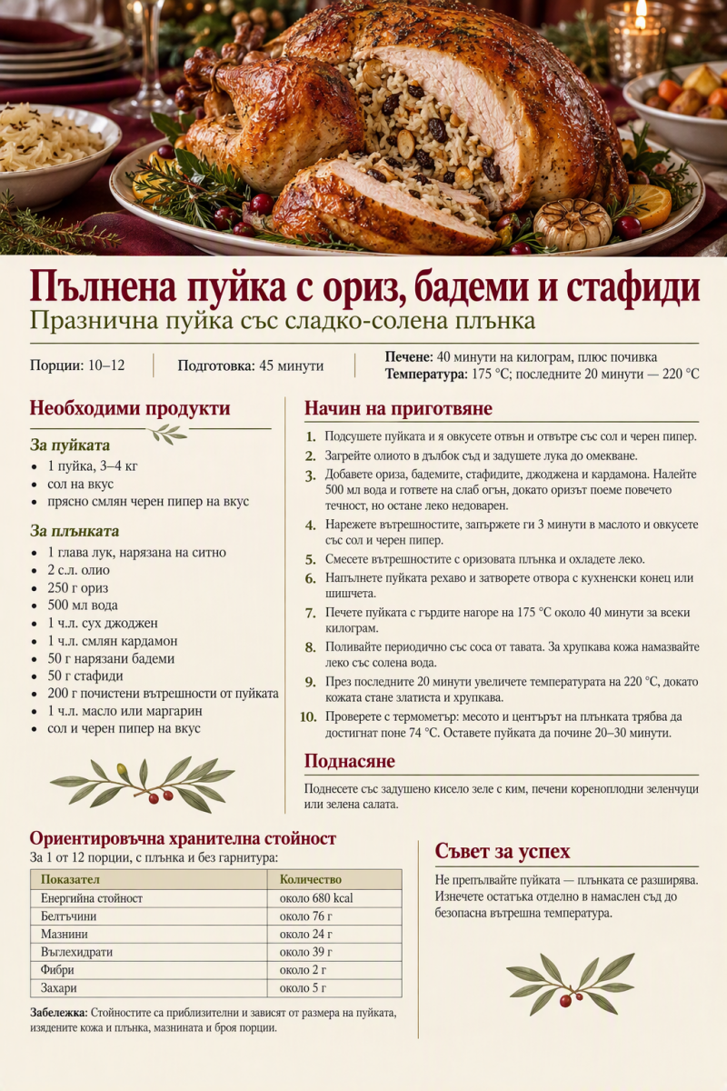Пълнена пуйка с ориз, бадеми и стафиди 