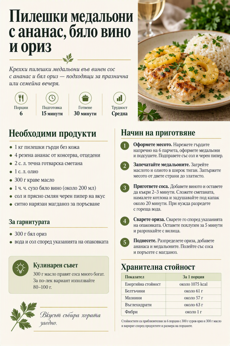 Пилешки медальони с ананас, бяло вино и ориз