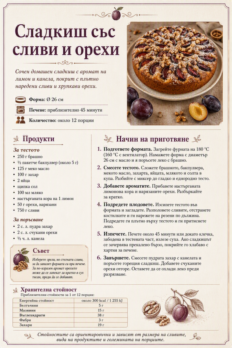 Сладкиш със сливи и орехи