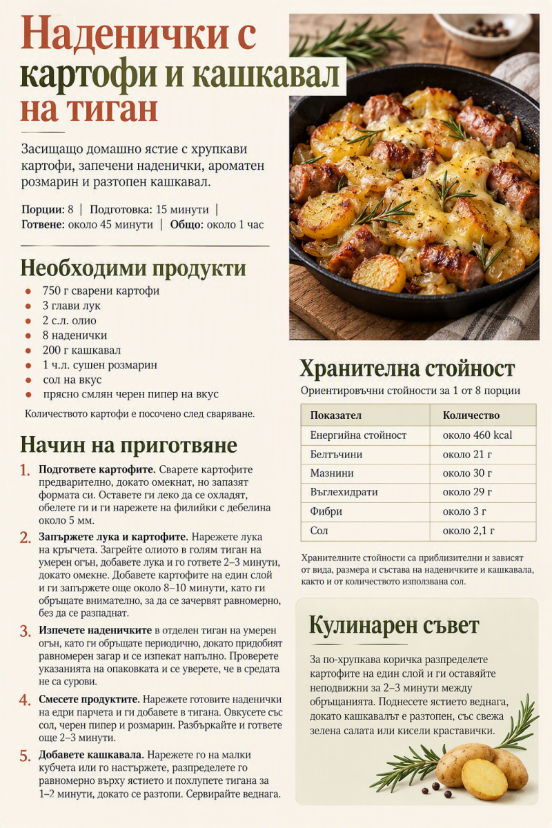Наденички с картофи и кашкавал на тиган