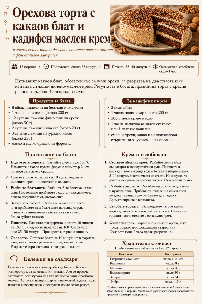  Орехова торта с какаов блат и маслен крем
