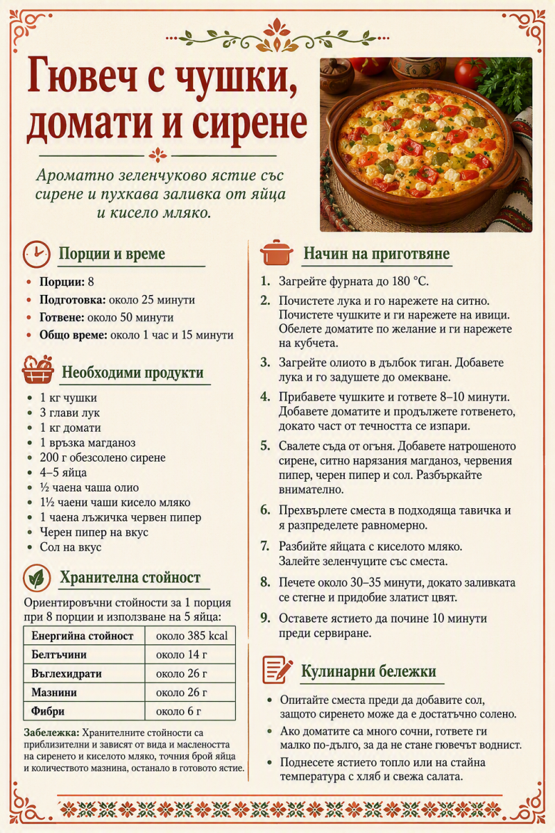 Гювеч с чушки, домати и сирене