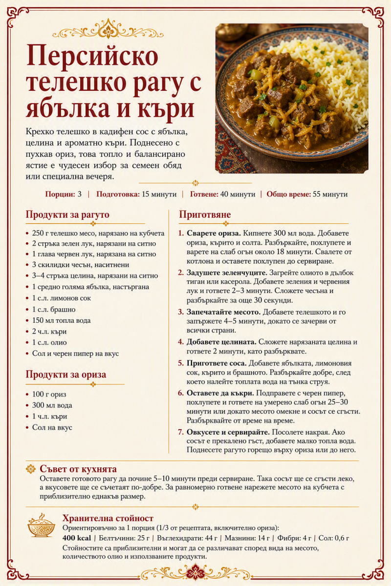 Персийско телешко рагу с ябълка и къри