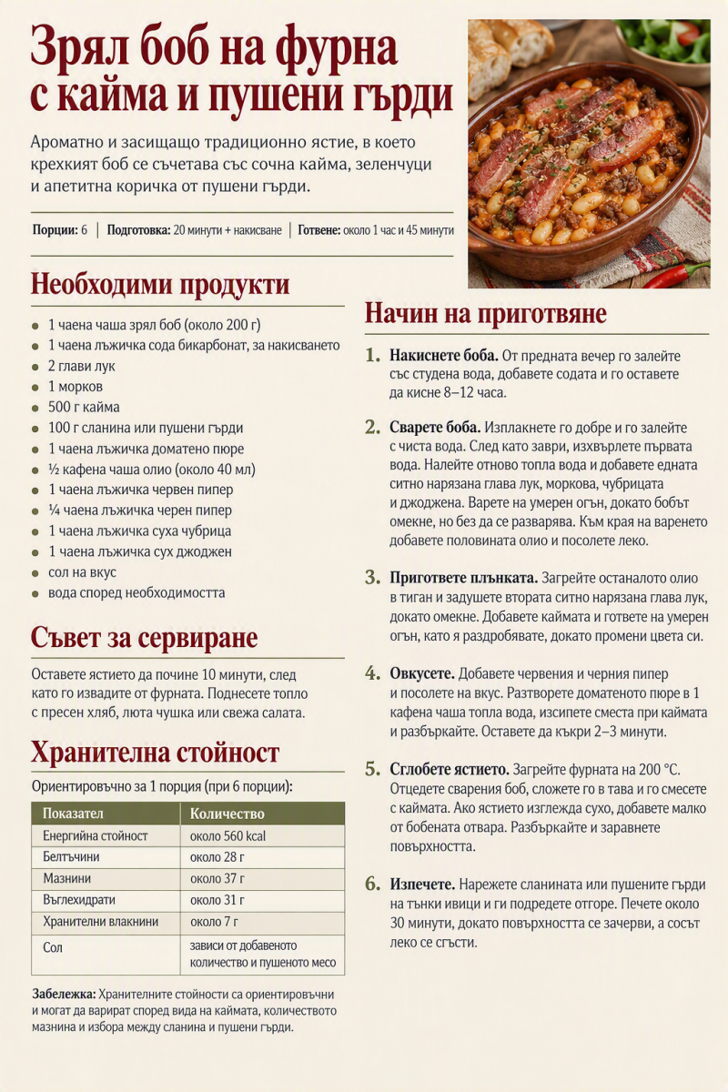 Зрял боб на фурна с кайма и пушени гърди