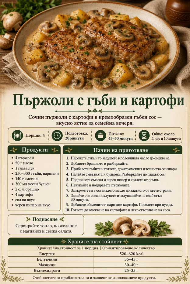 Пържоли с гъби и картофи