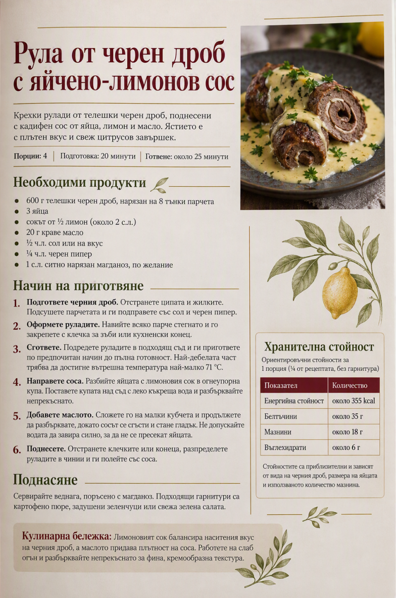 Рула от черен дроб с яйчено-лимонов сос 