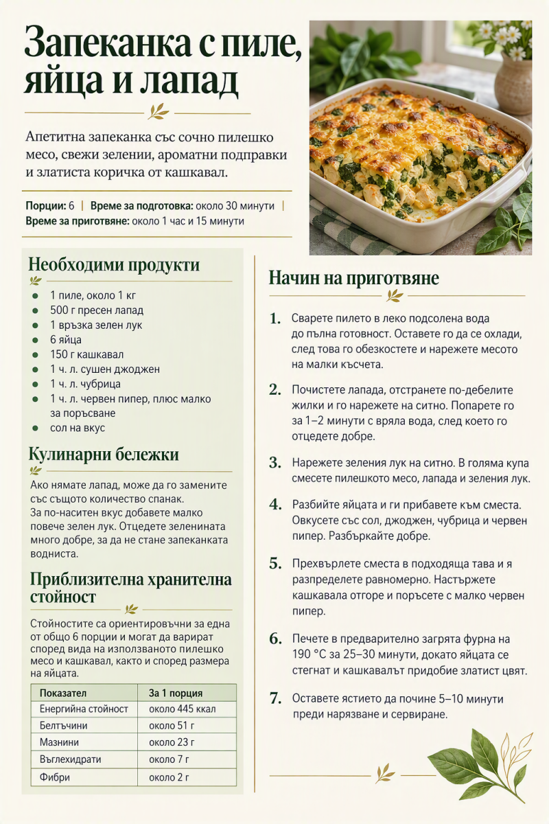 Запеканка с пиле, яйца и лапад