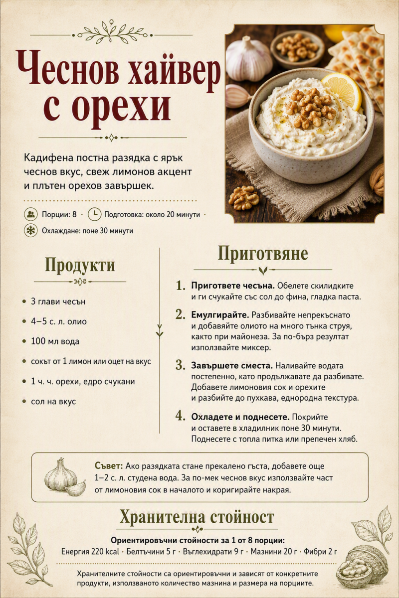 Чеснов хайвер с орехи