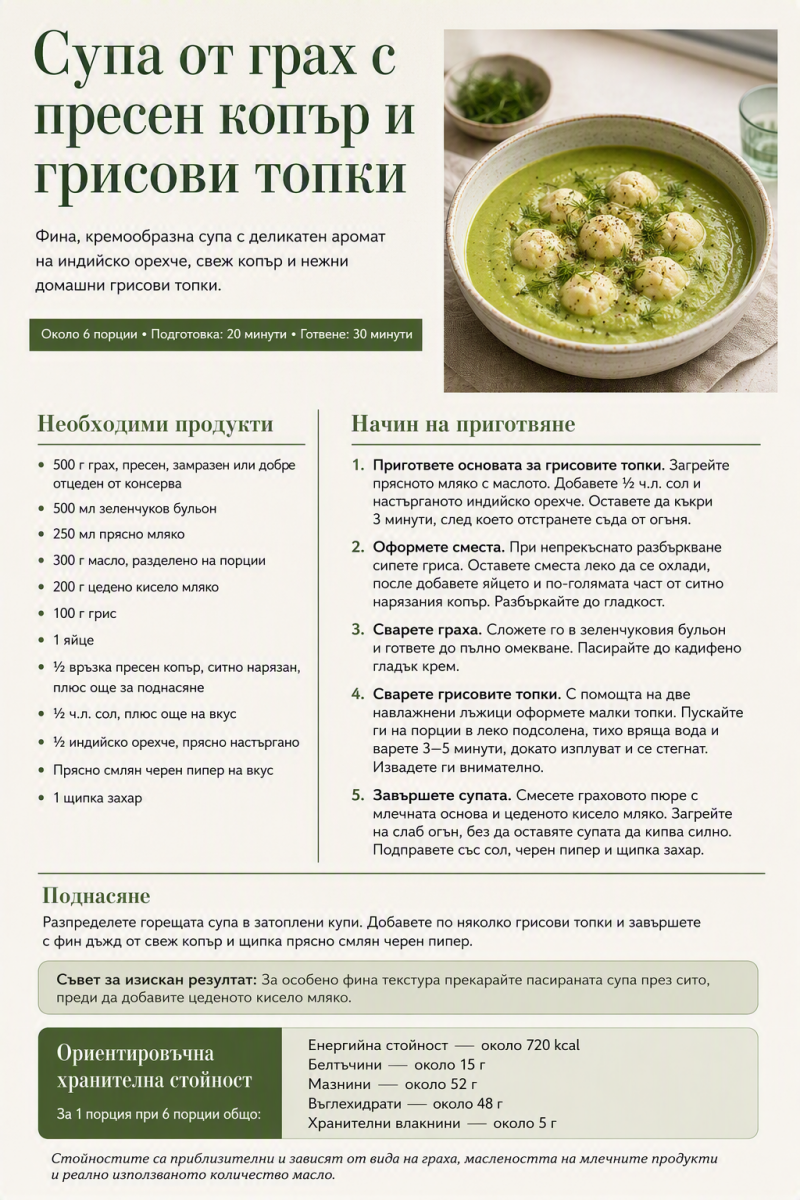 Супа от грах с пресен копър и грисови топки