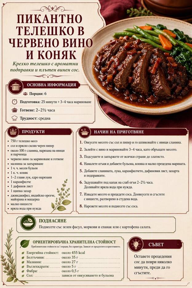 Пикантно телешко в червено вино и коняк
