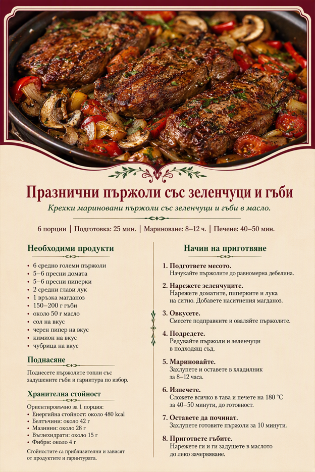 Празнични пържоли със зеленчуци и гъби